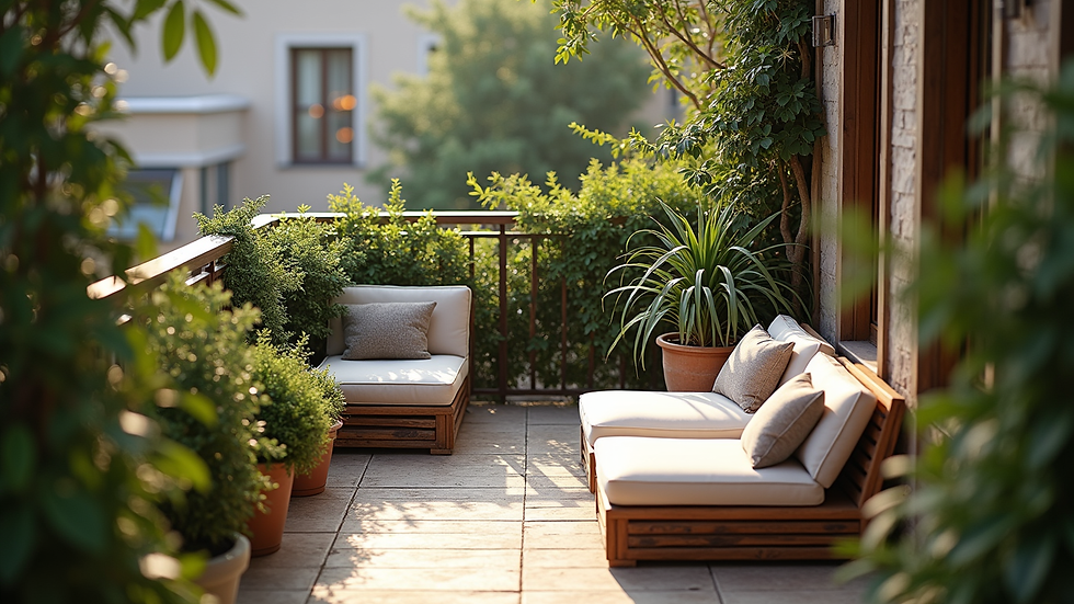 High angle view of a cozy balcony with plants and seating
