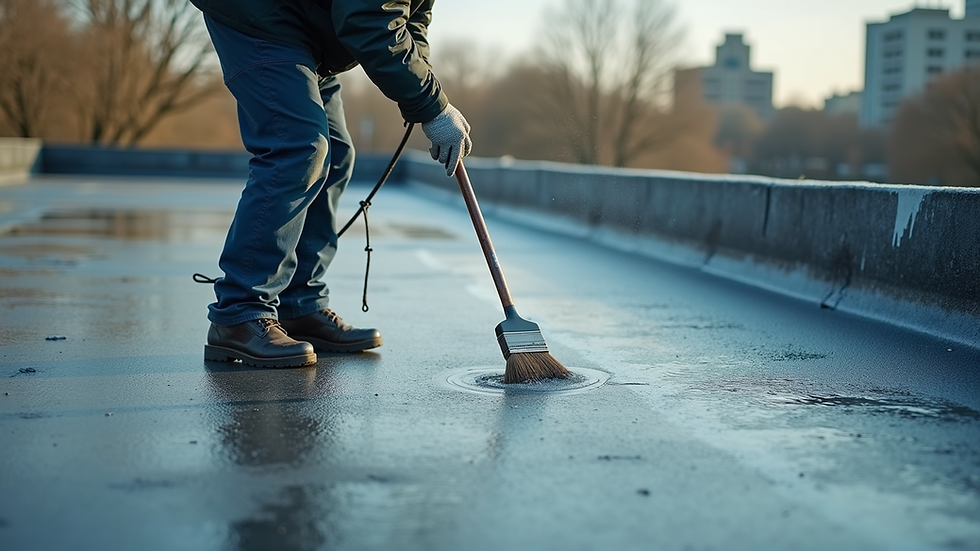 High angle view of a rooftop being waterproofed with a brush