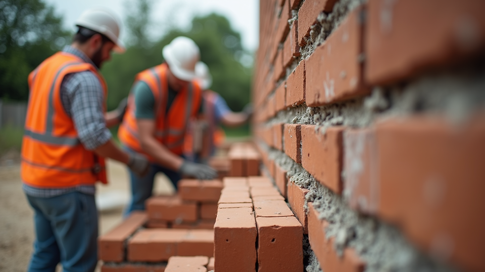 Close-up view of construction workers laying bricks on a house wall