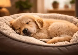 Golden retriever puppy peacefully sleeping in a soft dog bed, curled up and relaxed in a warm, cozy indoor setting.