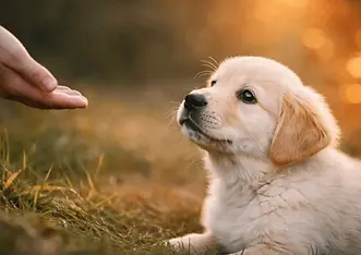 Golden Retriever puppy looking at a human hand in a sunlit outdoor setting, symbolizing early social bonding and positive learning experiences in puppy development