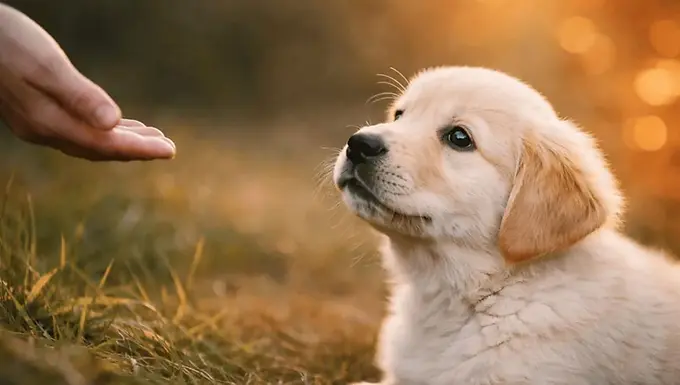 Golden Retriever puppy looking at a human hand in a sunlit outdoor setting, symbolizing early social bonding and positive learning experiences in puppy development