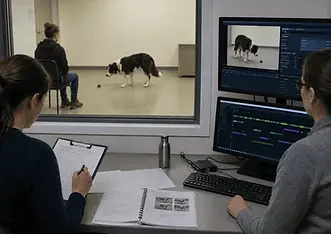 Researchers observe and record a dog’s behavior in a controlled testing environment while monitoring coded behavioral data on computer screens behind a one-way observation window.