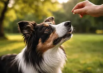 Focused dog maintaining eye contact with a handler holding a treat, demonstrating impulse control during training outdoors