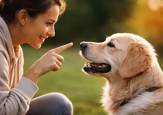 Woman interacting with a dog using a pointing gesture, illustrating human–dog communication and the dog’s ability to interpret human gestures and social cues