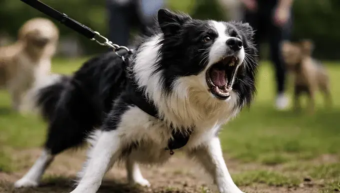 Border Collie lunging and barking on a leash toward another dog in a park