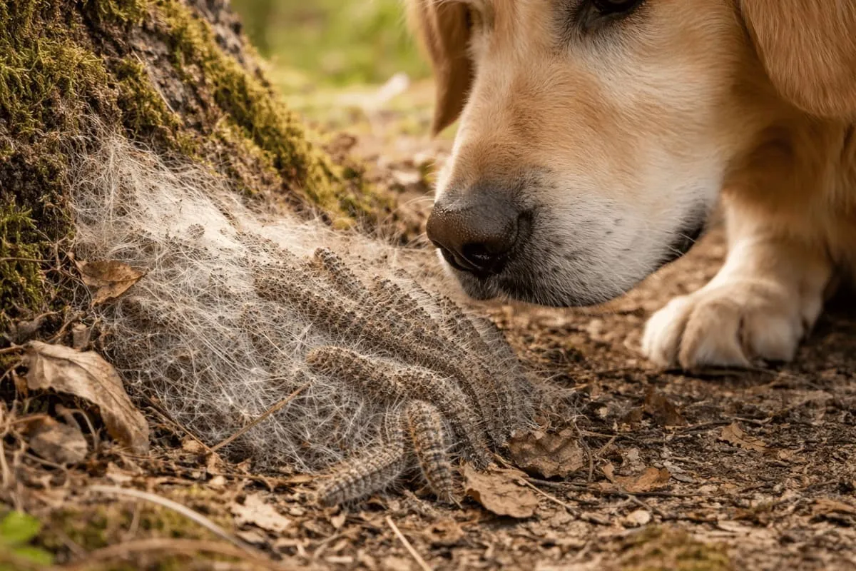 Hund schnüffelt an Prozessionsspinner-Raupen und Nest am Waldboden – gefährliche Brennhaare stellen Risiko für Hunde dar