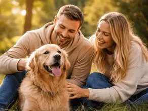 Glückliches Paar sitzt mit seinem Golden Retriever im Park und streichelt den Hund – Beispiel für die positive Wirkung von Hunden auf Gesundheit und Wohlbefinden ihrer Besitzer 🐕🌿