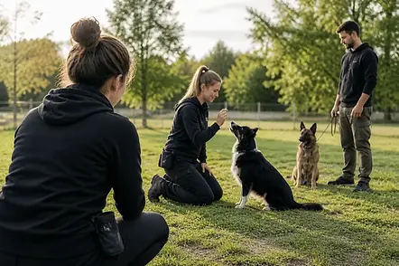 Teilnehmerin beobachtet Hundetraining im Freien mit Trainerin und zwei Hunden während einer Hospitation