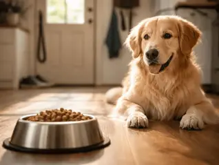 Golden Retriever liegt entspannt auf dem Küchenboden und schaut aufmerksam auf einen Napf mit Trockenfutter im warmen Tageslicht