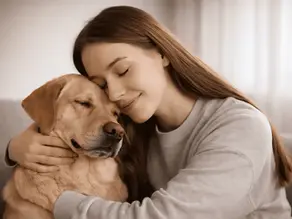 Ruhiger, inniger Moment zwischen Mensch und Hund – sanfte Berührung und Nähe fördern die Ausschüttung von Oxytocin und stärken die emotionale Bindung sowie das Vertrauen zwischen beiden.