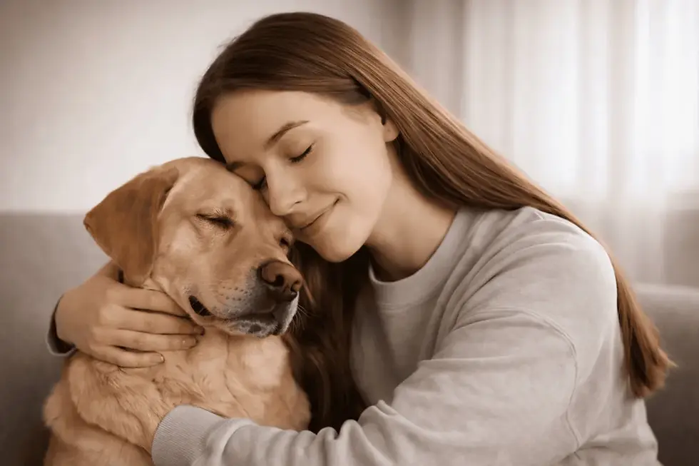 Ruhiger, inniger Moment zwischen Mensch und Hund – sanfte Berührung und Nähe fördern die Ausschüttung von Oxytocin und stärken die emotionale Bindung sowie das Vertrauen zwischen beiden.
