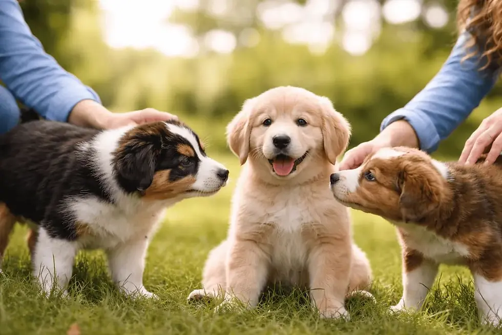 Drei junge Welpen begegnen sich neugierig auf einer Wiese im Garten, werden von Händen ruhig begleitet und zeigen entspanntes Sozialverhalten unter Aufsicht