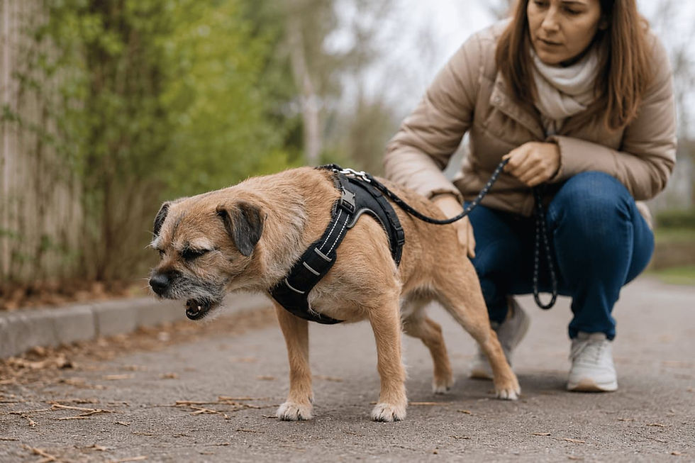 Hund hustet während eines Spaziergangs im Freien. Ein kleiner Hund mit Brustgeschirr steht angespannt auf einem Weg und zeigt eine Hustenreaktion, während die Halterin ihn aufmerksam beobachtet. Das Bild symbolisiert die Abklärung von Husten beim Hund und mögliche Ursachen wie Atemwegserkrankungen oder Trachealkollaps.