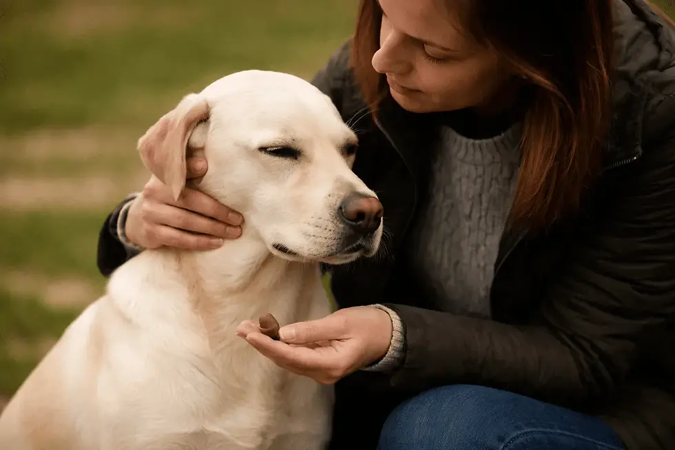 Unsicherer Hund sucht Nähe bei seinem Besitzer – Beispiel für Angstverhalten beim Hund und unterstützendes Training.
