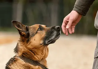 A German Shepherd mix looking calmly and attentively at a human hand during a positive interaction outdoors, symbolizing trust, cooperation, and humane dog training.