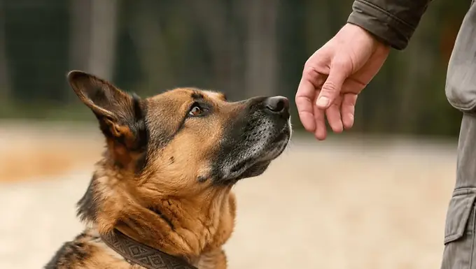 A German Shepherd mix looking calmly and attentively at a human hand during a positive interaction outdoors, symbolizing trust, cooperation, and humane dog training.