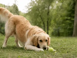 Hund in Spiel- und Erwartungshaltung fixiert Ball am Boden – Beispiel für erlerntes Verhalten und Motivation