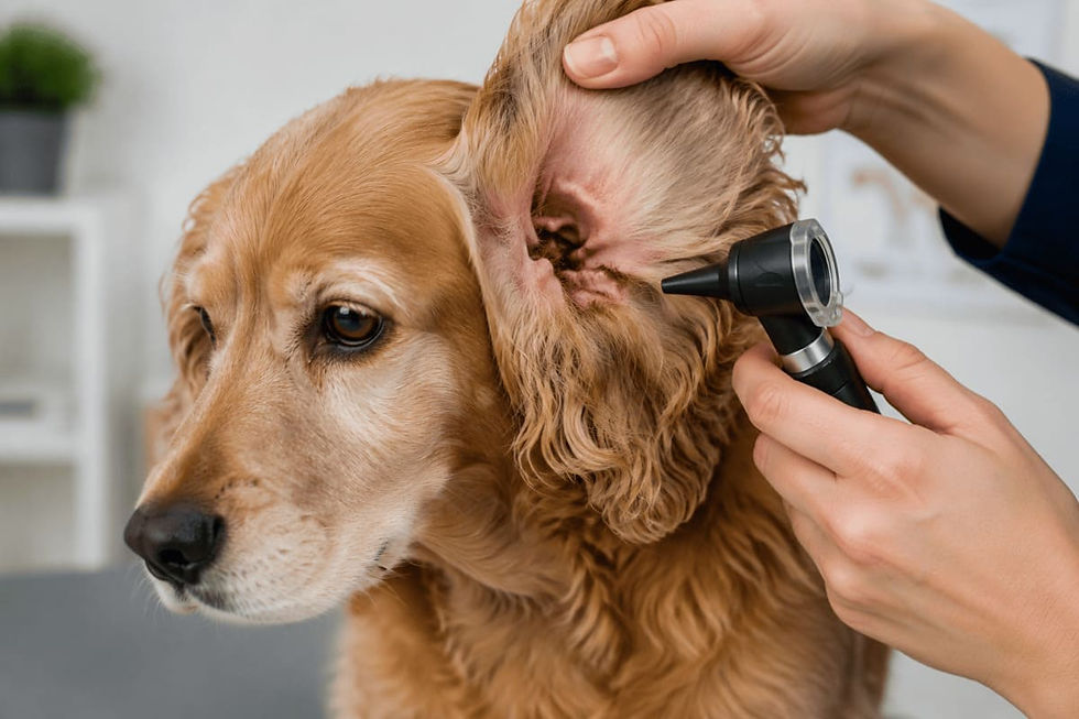 Tierarzt untersucht das Ohr eines Hundes mit einem Otoskop. Der Gehörgang eines Hundes wird bei einer Ohruntersuchung kontrolliert, um Ursachen für Ohrentzündungen wie Entzündungen, Sekret oder Veränderungen im Gehörgang zu erkennen. Das Bild zeigt die fachgerechte Diagnose von Ohrenproblemen beim Hund.