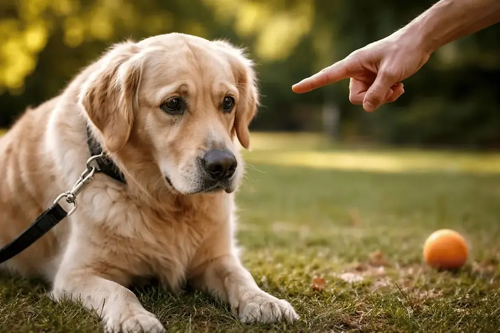 Verunsicherter Hund liegt im Gras, während ein erhobener Zeigefinger auf ihn gerichtet ist und die angespannte Situation sichtbar macht