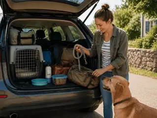 Frau packt ein Auto für eine Reise, während ein Hund daneben sitzt; im Kofferraum befinden sich Transportbox, Futter, Wasser und Hundezubehör