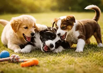 Playful puppies interacting on grass – three young dogs engaging in social play with toys, showing joyful behavior, movement, and early social learning in a natural outdoor setting.