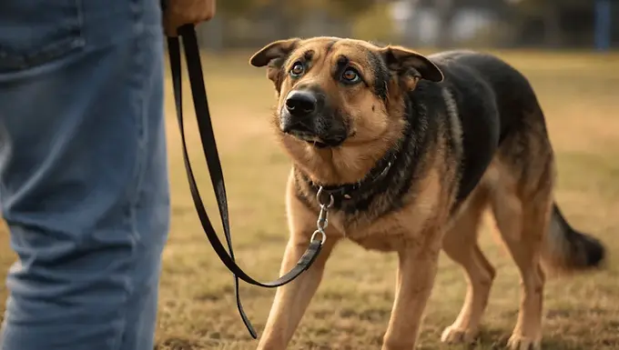 Fearful dog with lowered body posture and averted gaze recoils from a raised hand while a remote training collar and leash are visible, illustrating stress responses and insecurity caused by aversive training methods.
