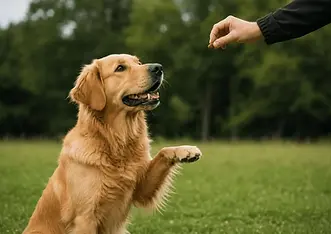 Golden Retriever sitting on grass raising a paw while focusing on a treat held by a person’s hand in an outdoor setting with a blurred natural background.