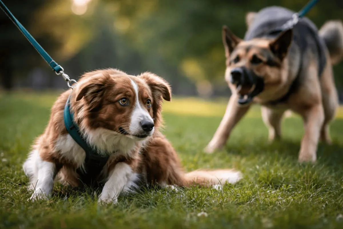 Unsicherer Hund duckt sich auf einer Wiese, während ein anderer Hund im Hintergrund bellend und nach vorne springt – typische Stress- und Reaktionssituation im Hundetraining