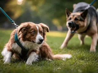 Unsicherer Hund duckt sich auf einer Wiese, während ein anderer Hund im Hintergrund bellend und nach vorne springt – typische Stress- und Reaktionssituation im Hundetraining