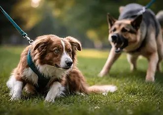 A fearful dog crouches on the grass while another dog lunges and barks in the background – a typical stress and reactivity situation in dog training