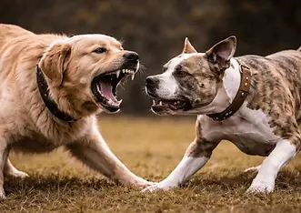 Two dogs showing tense body language and aggressive signaling in a grassy field, facing each other with bared teeth during a confrontation.