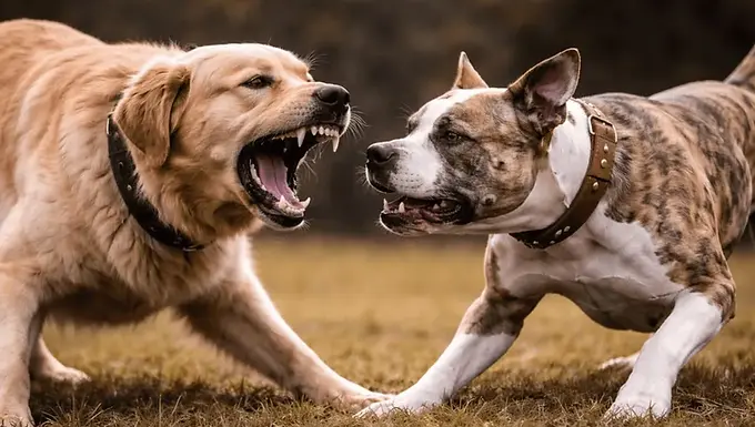 Two dogs showing tense body language and aggressive signaling in a grassy field, facing each other with bared teeth during a confrontation.