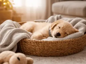 Welpe schläft entspannt in einem Körbchen auf einer Decke im Wohnzimmer und zeigt ruhiges Verhalten in der Eingewöhnungsphase