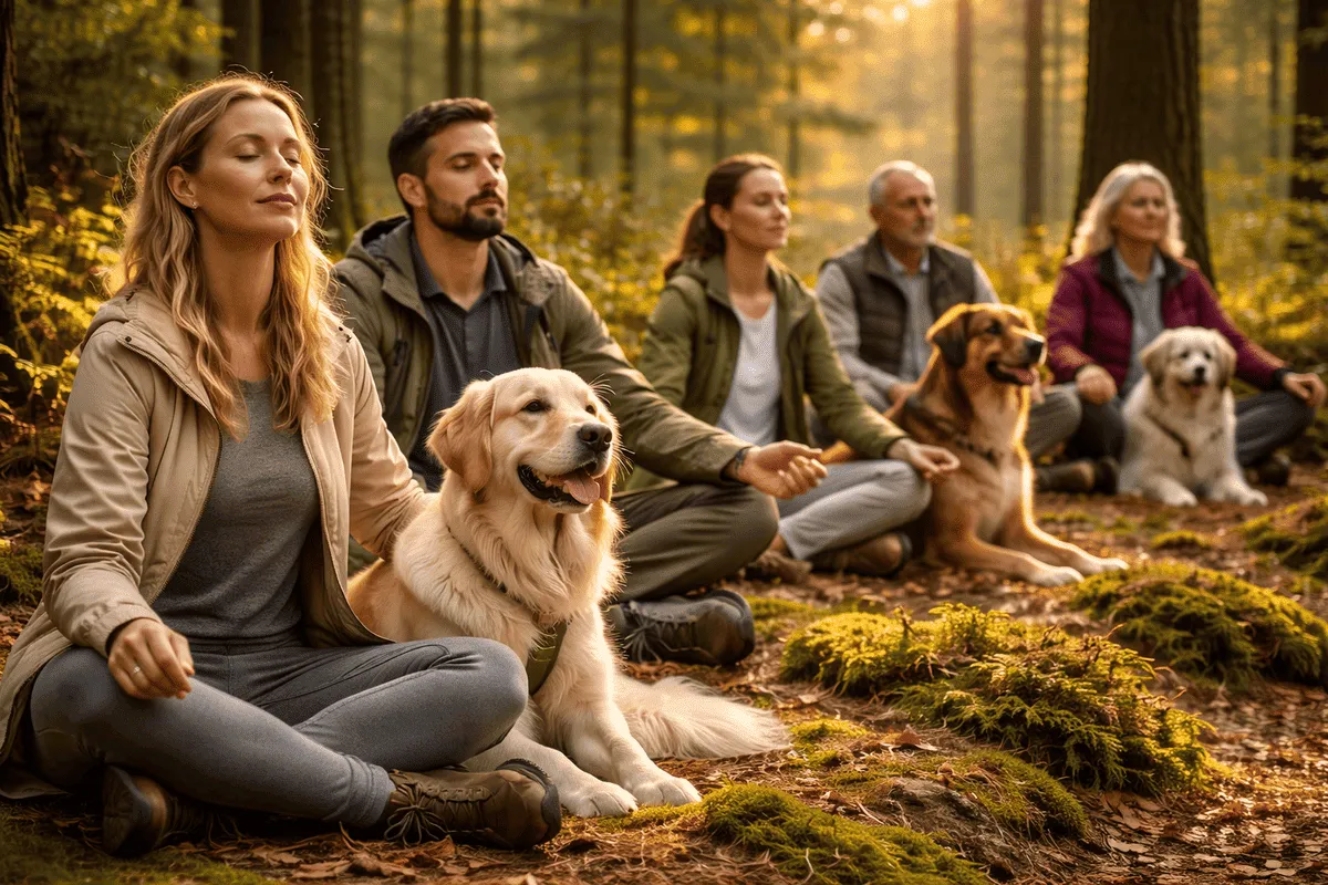 Gruppe von Menschen sitzt mit ihren Hunden entspannt im Wald beim Waldbaden – ruhige Naturerfahrung für Mensch und Hund