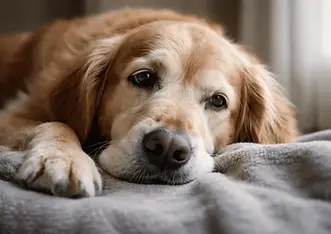 Senior dog resting with tired expression, illustrating the impact of chronic stress and aging on canine health and cellular processes