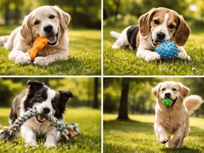 Vier Hunde spielen mit verschiedenen sicheren Hundespielzeugen im Park – Kauspielzeug, Ball und Zerrspielzeug für artgerechte Beschäftigung