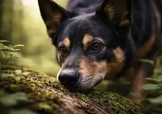 Close-up of a dog sniffing a moss-covered log in a forest, nose close to the surface, demonstrating focused scent exploration in a natural environment.