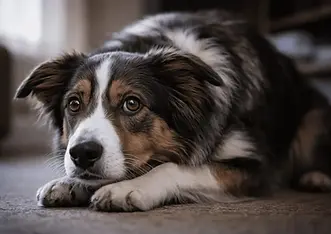 An anxious dog lying indoors with wide eyes and lowered posture, showing signs of fear and stress in a calm home environment.