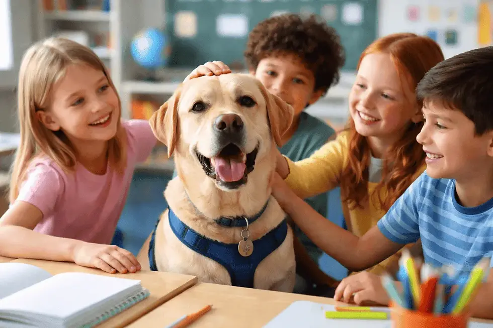Schulhund im Klassenzimmer: Freundlicher Labrador wird von Grundschulkindern gestreichelt und sorgt für eine entspannte Lernatmosphäre im Unterricht.
