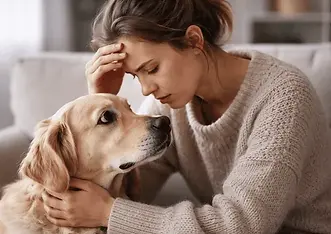 Woman showing signs of stress while holding a calm golden retriever, illustrating emotional contagion between humans and dogs