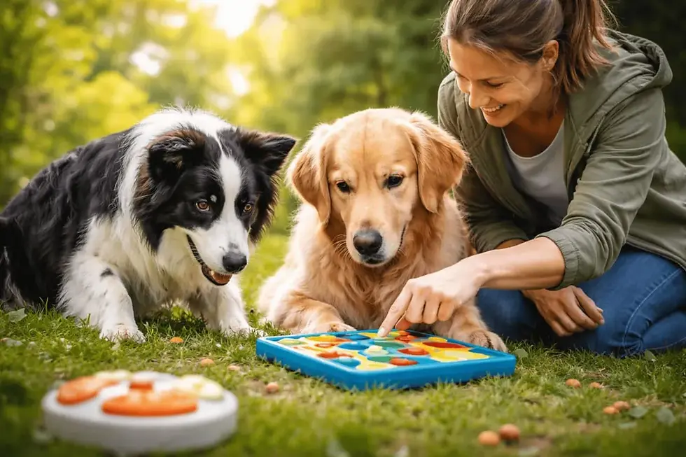 Zwei Hunde lösen gemeinsam mit einer Frau ein Intelligenzspiel im Park und konzentrieren sich aufmerksam auf die Aufgabe