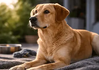 Calm golden Labrador dog lying outdoors in soft natural light, representing canine emotional stability and behavior