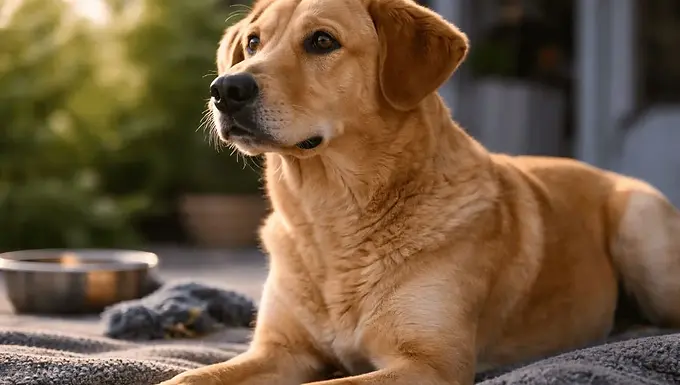 Calm golden Labrador dog lying outdoors in soft natural light, representing canine emotional stability and behavior