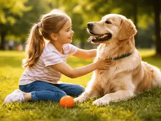 Kind spielt im Park mit einem freundlichen Golden Retriever – positives Beispiel für einen sicheren Umgang zwischen Kindern und Hunden. 🐕👧