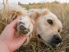 Hund liegt in trockenem Gras, während eine Hand seine Pfote hält – typische Situation bei Grannen-Gefahr im Sommer