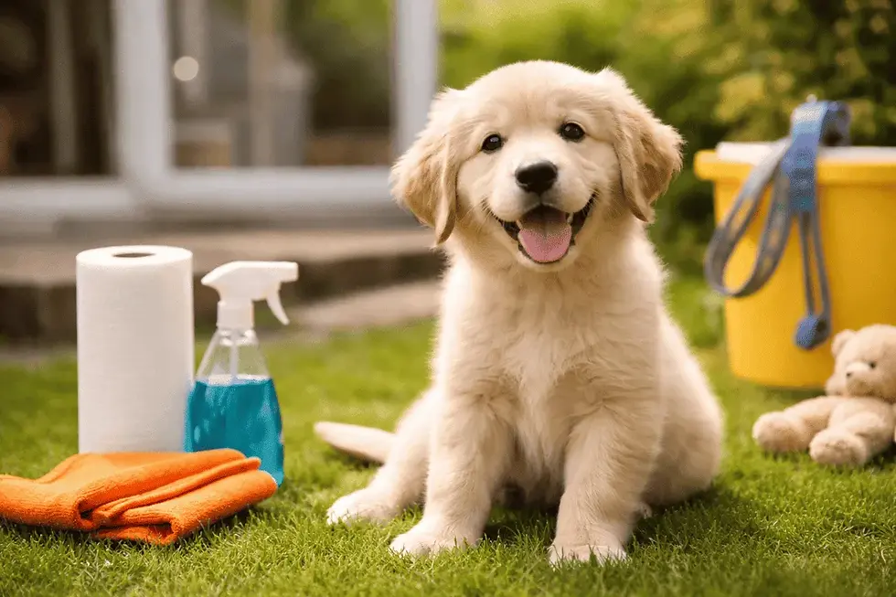 Welpe sitzt im Garten neben Reinigungsmitteln und Papierrolle – Symbolbild für das Training zur Stubenreinheit bei Welpen