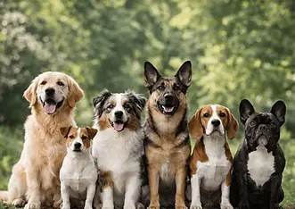 Different dog breeds sitting together, illustrating genetic diversity and the relationship between breed, genetics, and behavioral variation in dogs