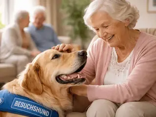 Besuchshund im Seniorenheim: Ältere Frau streichelt einen freundlichen Golden Retriever während eines Besuchshund-Einsatzes in einer Pflegeeinrichtung.