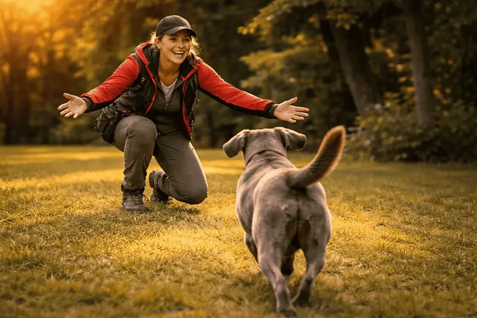 Weimaraner läuft beim Rückruftraining freudig zu seiner Halterin auf einer Wiese.